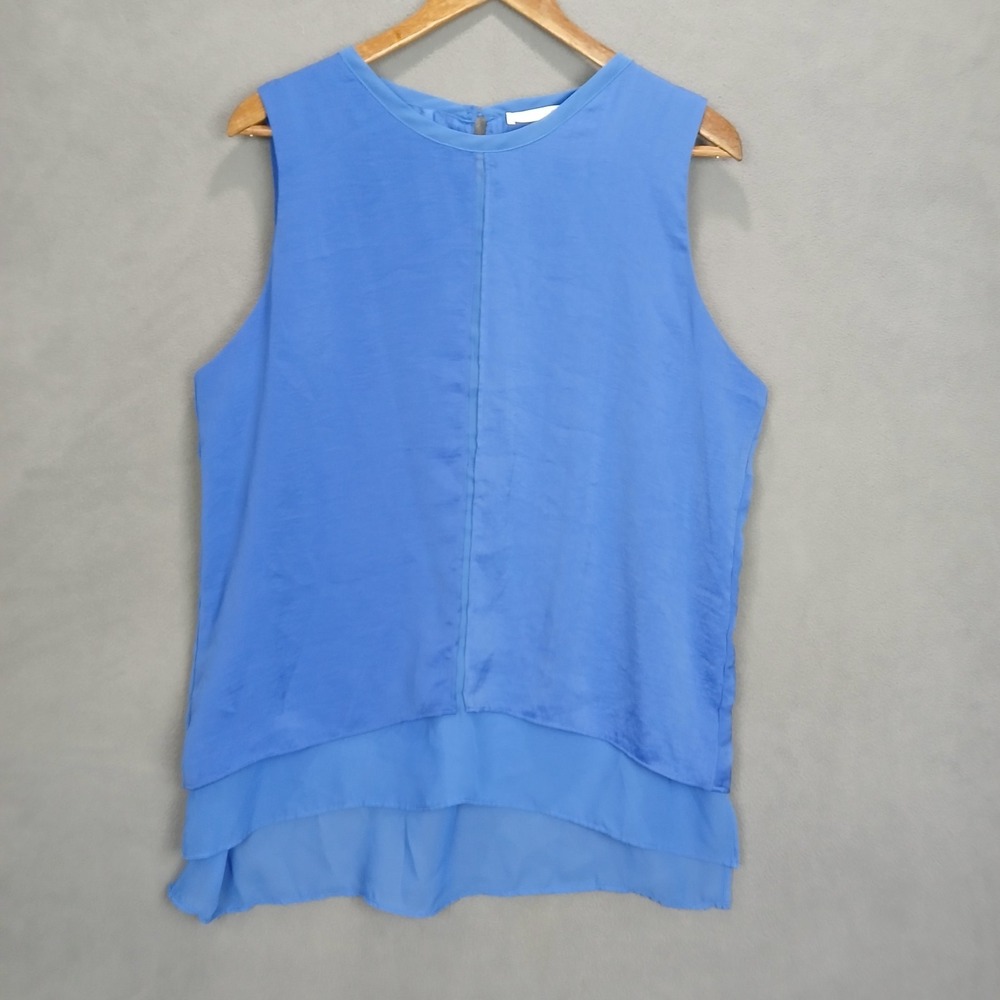 Violet Claire Tank Top Womens L Blue Ruffled Back Keyhole Everyday Wear Crewneck